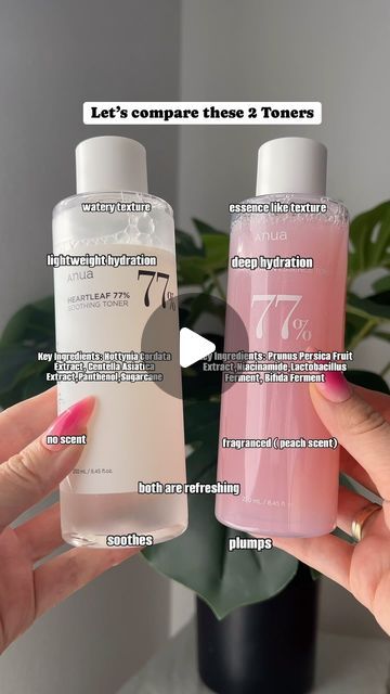 𝐒𝐤𝐢𝐧𝐜𝐚𝐫𝐞 & 𝐌𝐚𝐤𝐞𝐮𝐩 / 𝐉𝐚𝐬𝐦𝐢𝐧𝐚 on Instagram: "Let’s compare these 2 Toners from @anua.skincare_usa   1. Heartleaf 77% Soothing Toner 2. Peach 77% Niacin Essence Toner  The Heartleaf toner is very lightweight and can be added in every routine you like,it’s suitable for all skin types,skin feels refreshed,mildly soothed and hydrated. It doesn’t contain fragrance and it’s cheaper than the Peach one.   The Peach Toner has a more essence like texture, it’s scented you can definitely notice the peach, if you are sensitive to fragrance feel free to skip on this one. It’s more hydrating than the heartleaf and it leaves the skin plumped and radiant.   Have you tried these?   You can find both of these on @stylevana_sv and if you need a discount code use INF10JASS for 10-15% off  # Anua Peach Toner, 77 Toner, Heartleaf Toner, Anua Skincare, Skincare Makeup, Tone It Up, Have You Tried, Skin Care Tools, All Skin Types