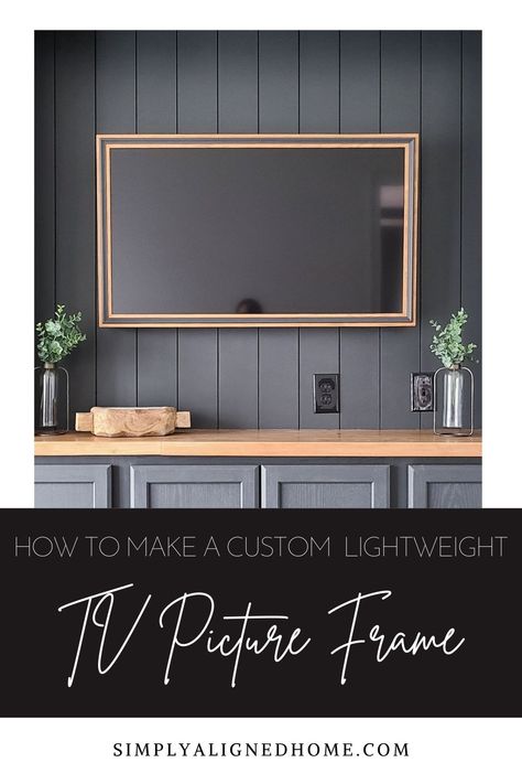 Love the look of picture frame TVs, but not in the market for a new TV?! Follow this tutorial to make a custom, lightweight TV picture frame. Frame Tv With Picture Light, Painted Wall Behind Tv, How To Frame Tv On Wall, Frame Tv Built In, Tv As Picture Frame, Frame For Tv On Wall, Tv Master Room, Picture Framed Tv, Style Frame Tv