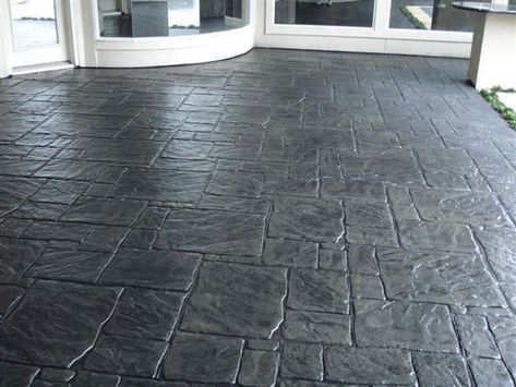 Charcoal Stamped Concrete Patio, Dark Stamped Concrete Patio, Black Stamped Concrete Patio, Black Stamped Concrete, Stamped Concrete Colors, Concrete Patterns, Stamped Concrete Patterns, Stamped Concrete Walkway, Ashlar Pattern