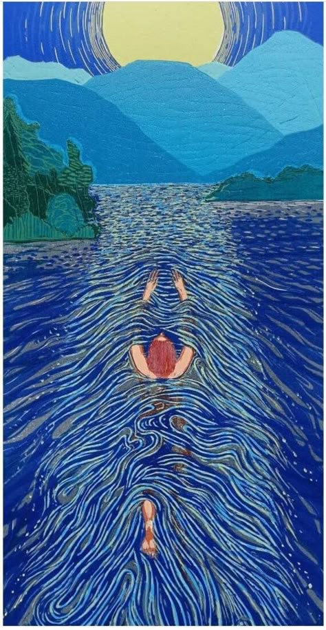 Print depicting a woman wild swimming in Loch Lomond from Balmaha beach Paper size: h50cm x w34.5cm Image size: h40cm x 22.5cm Wild Swimming Art, Wild Water, Aspen Art, Calm Art, Wild Swimming, Blue Artwork, Loch Lomond, Art Et Illustration, Wild Woman