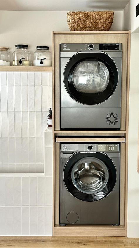 We used an Ikea ‘PAX’ wardrobe to house our washing machine and tumble dryer and added a ‘KOMPLEMENT’ pull out shelf as a laundry basket… | Instagram Laundry Basket Shelf, Laundry Basket Shelves, Ikea Laundry, Pull Out Shelf, Emma Hill, Basket Shelf, Ikea Pax Wardrobe, Laundry Design, Laundry Washing Machine