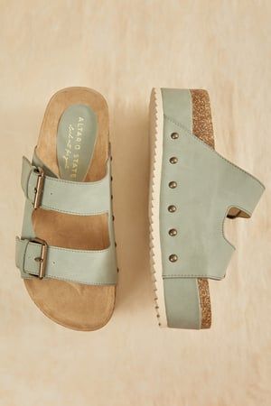 Serenna Platform Sandals in Dusty Sage | Altar'd State | Altar'd State Dusty Sage, Fall Attire, Altar'd State, Botanical Gardens, Platform Sandals, Casual Looks, Barcelona, Tee Shirts, Sandals