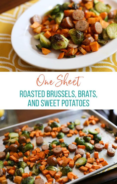 Super easy and healthy lunch (or dinner) idea: Roasted Brussels Sprouts, Brats, and Sweet Potatoes. Brats And Sweet Potatoes, Brats And Brussel Sprouts, Chicken Sausage And Veggies, Veggies Dinner, Sausage And Veggies, Thriving Home, Sheet Pan Chicken, Dump Dinners, Nutritious Recipes