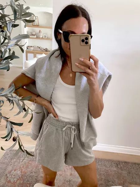 Grey Sweat Shorts Outfit, Sweat Short Set, Sweat Shorts Outfit, Day Casual Outfit, White Cotton Maxi Dress, Matching Sweat Set, Grey Sweat Shorts, Loungewear Fashion, Striped Two Piece