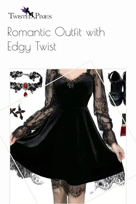 Romantic Outfit with Edgy Twist Black Gothic Dress, Black Mary Jane Shoes, Romantic Outfit, Gothic Dress, Gothic Outfits, Outfit Of The Day, Little Black Dress, Black Dress, Twist