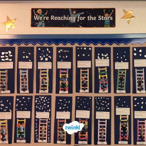 Amazing Reach for the stars classroom display! What a great display to create with your students! Download Reach for the Stars Banner here! Star Board Classroom, Target Display Classroom, Next Steps Display Eyfs, Reach For The Stars Graduation Theme, Our Class Display, Target Boards, Behaviour Display, Classroom Wall Displays, Stars Banner