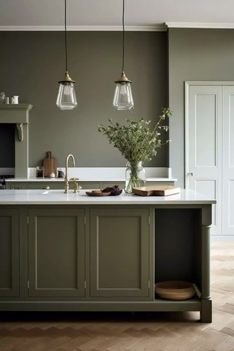 Neptune Green Kitchen, Cosy Kitchen Diner, French Grey Farrow And Ball Kitchen, Farrow And Ball Studio Green Kitchen, Parquet Floor Kitchen, Colour Drenched Kitchen, Dark Painted Kitchen, Dark Green Kitchen Walls, Kitchen Paint Colors With White Cabinets