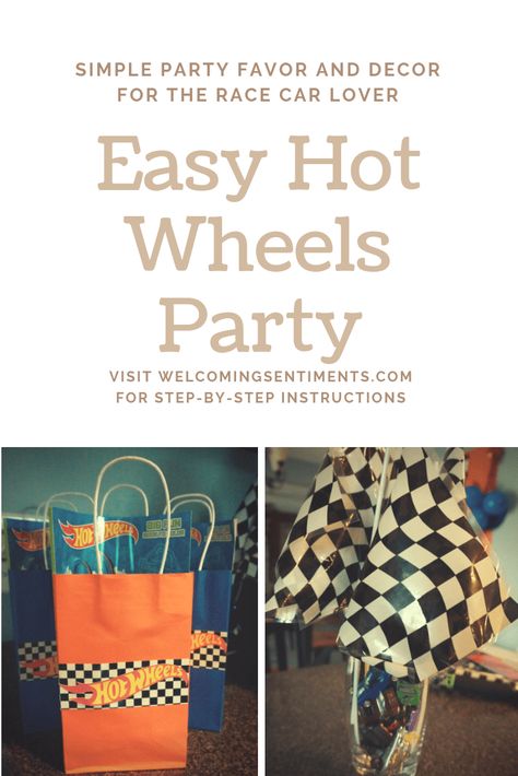 Simple Hot Wheels race party decorations and favors.  Orange and Blue party, checkered flag race.  5th birthday Hotwheels Party Favors Goodie Bags, Hot Wheels Birthday Party Favors, Hot Wheels Birthday Party Games, Hot Wheels Birthday Party Decorations, Hot Wheels Party Games, Orange And Blue Party, Hot Wheels Birthday Party Ideas Decoration, Race Party Decorations, Hot Wheels Favors