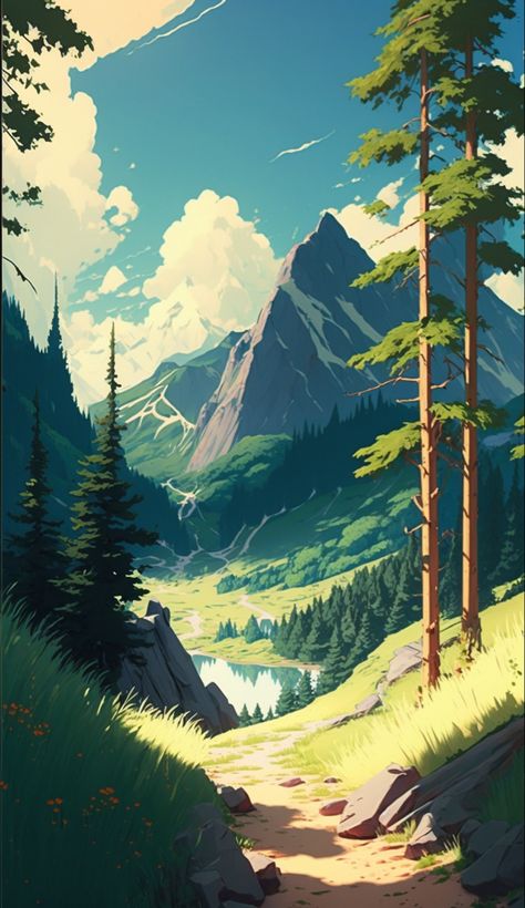 An illustration of a vast luscious valley on a bright summers day. With a clear blue lake. With vibrant greens and blues. at its base. Perfect for a wallpaper. #landscape #wallpaper #nature #tree #mountain Green Wallpaper Illustrations, Mountain Illustration Art, Nature Drawing Wallpaper, Summer Wallpaper Drawing, Summer Art Wallpaper, Aesthetic Art Nature, Fantasy Landscape Illustration, Anime Landscape Wallpaper, Anime Mountain