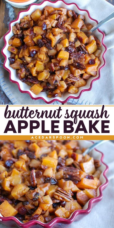 End your Thanksgiving feast with a twist! This Butternut Squash Apple Bake recipe is a perfect blend of sweet and savory, making it a standout among simple Thanksgiving desserts! Save this food fall recipe and enjoy a comforting meal later! Easy Stuffed Butternut Squash Recipes, Apple And Butternut Squash Recipes, Apple Recipes Savory Fall, Thanksgiving Recipes Fruit, Butternut Squash Recipe Thanksgiving, Butternut Squash Recipes Healthy Easy, Butternut Squash Custard Recipe, Savory Baked Apples, Fall Thanksgiving Recipes