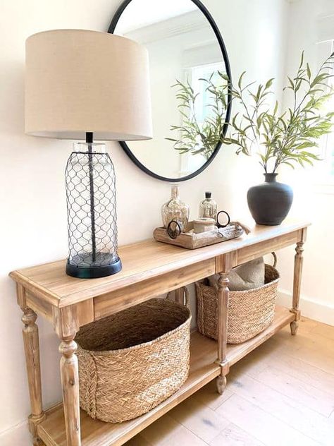 80 Farmhouse Home Decor Ideas for The Entire House » Lady Decluttered Foyer Table Decor, Entrance Table Decor, Entryway Table Ideas, Entry Table Decor, Sideboard Decor, Console Table Styling, Console Table Decorating, Entryway Table Decor, Foyer Table