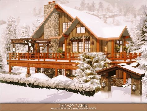 Created by MychQQQ! Sims 4 Lodge House, Ski Lodge Interior, Sims Rooms, Contemporary Townhouse, Sims 2 Cc, Snowy Cabin, Patio Installation, The Sims 4 Lots, Cabin Aesthetic