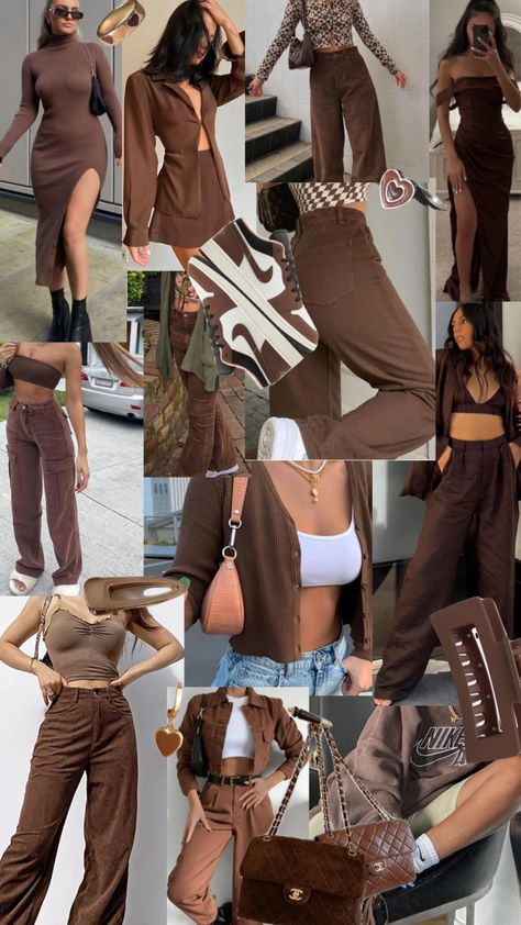 #moodboard #brown Brown Glitter Outfit, Brown Short Sleeve Shirt Outfit, 50 Shades Of Brown Outfits, Brown Women Outfits, Brown Outfit Photoshoot, Warm Brown Outfit, Coffee Brown Outfit, Tan And Brown Outfit, Outfits With Brown Jeans