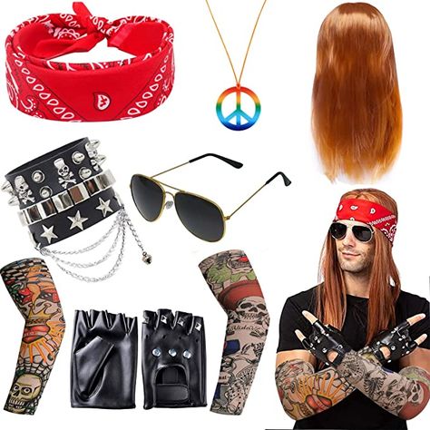 【Great Value Package】We provide you 1 x Rock Star 80's heavy metal Wig; 1 x Rose gold frame sunglass; 2 x skull bracelet;2 x Steam punk gloves：1 x Bandana; 2 x Temporary Tattoo Sleeves; 1 x hip hop necklace. Plenty of interesting suits to meet your various dressing-up needs. Interesting Suits, Fancy Dress For Adults, Slash Costume, Punk Gloves, Dress For Adults, 80s Rock Fashion, Halloween 80s, 80s Heavy Metal, Fake Tattoo Sleeves