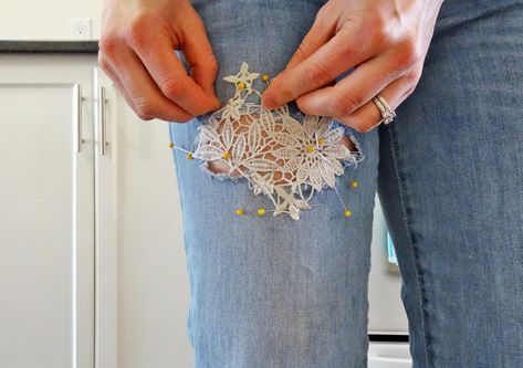 How To Embroider Ripped Jeans, Lace Patches For Jeans Diy, Embroidered Ripped Jeans, Embroider Holes In Jeans, Covering Holes In Clothes, Embroidery On Ripped Jeans, Ripped Jeans Tutorial, Upcycle Lace, Diy Lace Jeans