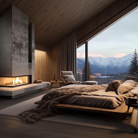 Modern Mountain Bedroom, Mountain Homes Interiors, Japandi Inspiration, Houses In The Mountains, Mountain Bedroom, Modern Greenhouses, Mountain Dream Homes, Mountain Home Exterior, Chalet Interior