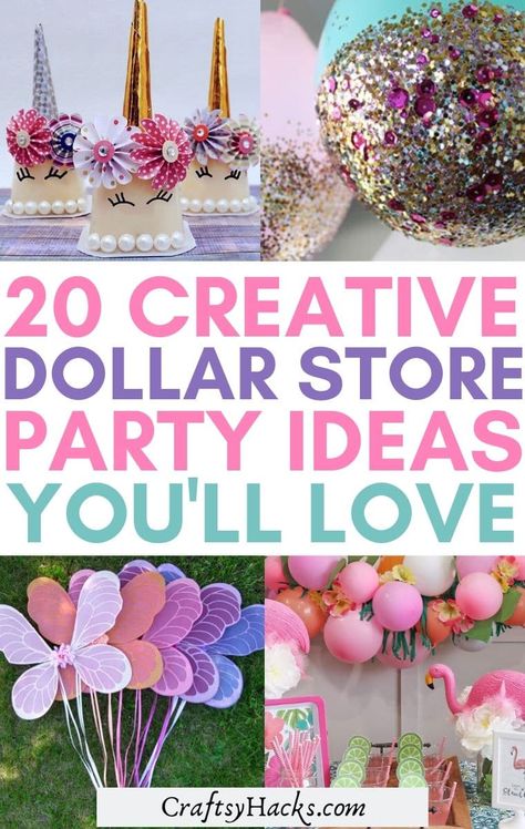 Dollar Tree Unicorn Party Ideas, Dollar Store Party Ideas, Diy Unicorn Birthday Party On A Budget, Dollar Store Birthday Party Ideas, Budget Birthday Party Ideas Kids, Dollar Tree Princess Party, Unicorn Party Centerpieces, Princess Unicorn Birthday Party, Low Budget Birthday Ideas