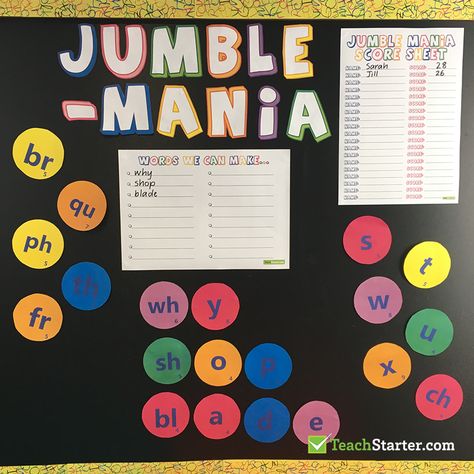 Jumble Mania Phonics Game Phonics Games Kindergarten, Phonic Activities, Literacy Week, Games Kindergarten, Games For The Classroom, Phonics Ideas, Blends Activities, Phonics Resources, English Ideas