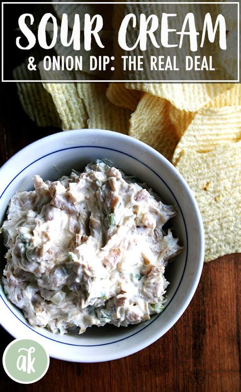 REAL sour cream and onion dip — so good. So many of the most-adored party dip recipes call for opening a pack of soup mix filled mostly with dehydrated ingredients, two days worth of the recommended salt intake, MSG and a host of nitrates and preservatives. Fortunately, homemade sour cream and onion dip is astonishingly easy to prepare. #real #sourcream #onion #dip #appetizer Sour Cream And Onion Dip, Ruffles Potato Chips, Homemade Sour Cream, Party Dip Recipes, Dipping Oil, Dry Mixes, Party Dip, Wisconsin Cheese, Condiment Recipes