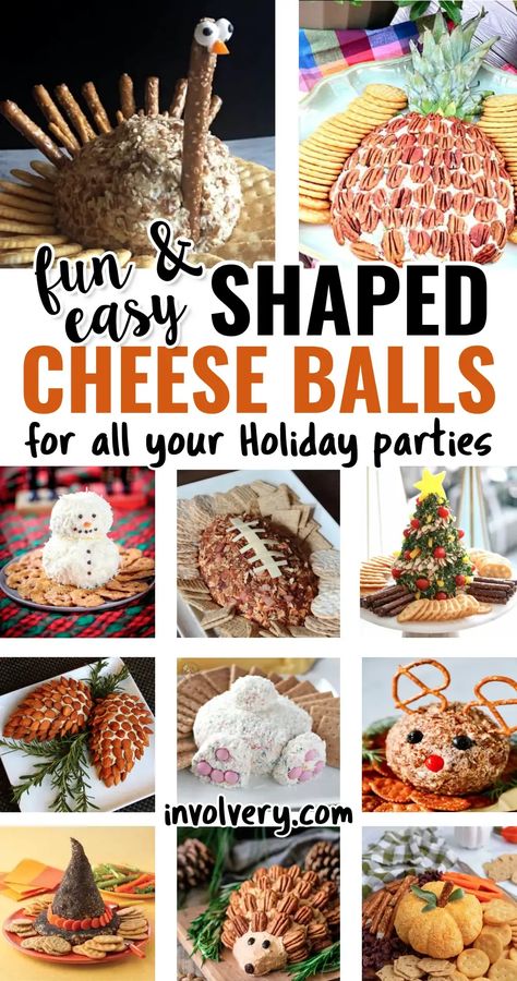 Shaped Cheese Balls Recipes - Fun pumpkin shaped cheese balls, Thanksgiving turkey, Easter bunny and carrot shaped, cheese balls shaped like Christmas trees, a witch hat cheeseball for Halloween, pine cone cheese balls, snowman, rudolph reindeer, pineapple shaped for luau birthday parties, eagle and mini chick cheese ball appetizer ideas too. Perfect for Holiday parties to feed a crowd on a budget and for potluck parties at work. Christmas Tree Shaped Cheese Ball, Deer Cheese Ball, Flower Shaped Cheese Ball, Cheese Ball Tray Ideas, Turkey Shaped Cheese Ball, Cheese Ball Shapes, Cheeseball Shapes Ideas, Fox Cheese Ball, Cheese Ball Presentation