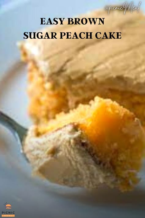 This Brown Sugar Peach Cake is a classic yellow cake loaded with fresh peaches, and topped with brown sugar caramel icing ~ it’s the dessert of the summer! #peachcake#picnicmeal#sugarcake Ingredients 1/ 1 15- ounce yellow cake mix (I like Duncan Hines) 2/ 3 large eggs or the amount specified by your cake mix 3/ 1/3 cup vegetable oil or the amount specified by your cake mix 4/ 1/2 cup peach nectar 5/ 1 lb peeled and chopped peaches (about 3-4) 6/ 1 drop orange food coloring optional Blueberry Danish, Peach Cake Recipes, Brown Sugar Frosting, Peach Dessert Recipes, Sugar Frosting, Food Charlatan, Peach Desserts, Peach Cake, Boxed Cake