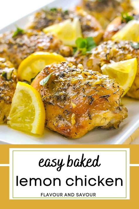 This Easy Baked Lemon Chicken recipe is . . . easy! Heat olive oil with garlic, lemon juice, wine and herbs, pour into the bottom of a baking dish and set the chicken on top. Spoon some of this seasoned oil on top of the chicken and bake! Lemon Chicken Thigh Recipes Baked, Healthy Baked Lemon Chicken, Easy Side Dishes For Baked Chicken, Lemon Chicken In The Oven, Dairy Free Lemon Chicken, Easy Lemon Chicken Recipe Baked, Baked Lemon Butter Chicken, Chicken With Lemon, Boneless Skinless Chicken Thigh Recipes Lemon