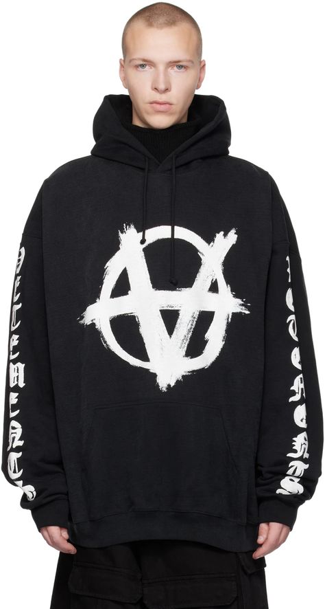 VETEMENTS: Black Reverse Anarchy Hoodie | SSENSE Graphic Hoodies Street Style, Hoodies Street Style, Vetements Hoodie, French Terry Hoodie, New Rock, Fashion Inspiration Design, Drawstring Hoodie, Platform Sneakers, Logo Embroidered