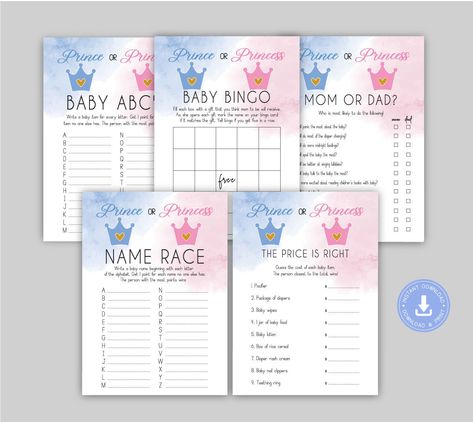 "Advice Game Suite, Baby Shower Game Package, Baby Shower Game Bundle, Game Set, Shower Game Kit WHAT YOUR DOWNLOAD INCLUDES 1 PDF Baby ABC 5\"x7\" on a 8.5\" x 11\" (2 PER SHEET) 1 PDF Mom vs. Dad 5\"x7\" on a 8.5\" x 11\" (2 PER SHEET) 1 PDF Baby Bingo 5\"x7\" on a 8.5\" x 11\" (2 PER SHEET) 1 PDF Baby Name Race 5\"x7\" on a 8.5\" x 11\" (2 PER SHEET) 1 PDF The Price is Right 5\"x7\" on a 8.5\" x 11\" (2 PER SHEET) MATCHING ITEMS: https://www.etsy.com/shop/glitterinvitescy?ref=search_shop_redi Prince Or Princess Gender Reveal, Princess Gender Reveal, Baby Bingo, The Price Is Right, Price Is Right, Girl Sign, Dad Baby, Reveal Ideas, Bingo Cards