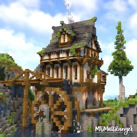 Medieval Minecraft House Ideas, Spruce Farmhouse Minecraft, Minecraft House With Water Wheel, Cliff Side Village Minecraft, Minecraft Water Wheel Design, Minecraft Water Wheel House, Minecraft Waterwheel House, Howls Moving Castle Minecraft, Minecraft Smith House