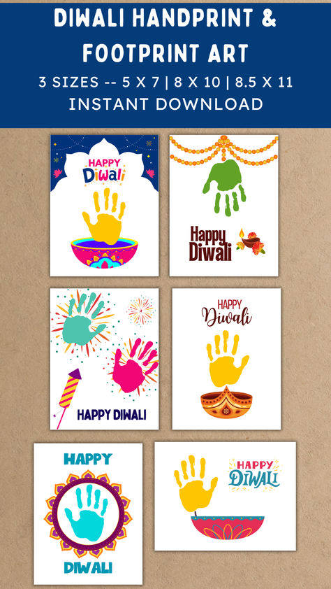 Create sweet memories with your child this Diwali! This printable set of Diwali-themed handprint craft templates are fun activities and memorable keepsakes! With multiple sizes available, templates can fit handprints from babies, toddlers, preschoolers, and even older children. #diwalihandprint #diwalicraft #diwalidaycare #diwaliactivity #diwalibabyart #diydiwalicraft Diwali Art For Toddlers, Diwali Activities For Babies, Kids Diwali Crafts, Diwali Craft For Preschoolers, Diwali Crafts For Toddlers, Diwali Activities For Toddlers, Diwali Crafts For Kids Preschool, Diwali Preschool, Diwali Activities For Preschool