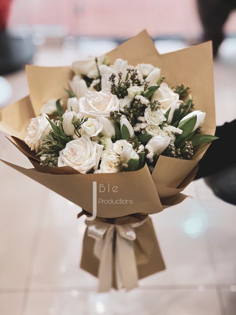 White Rose And Tulip Bouquet, White Roses And Tulips Bouquet, White Rose Bouquet Aesthetic, White And Brown Bouquet, Roses Bouquet Gift, Man Bouquet, Flower Boquet, White Flower Bouquet, Diy Bouquet Wrap