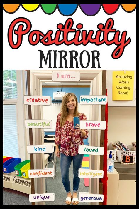 All About Me Classroom Decorations, Classroom Positive Affirmations, Mirror In Classroom Ideas, Positive Affirmation Mirror, Affirmations Classroom, Nurture Room, Affirmation Mirror, Cartoon List, Counselor Office