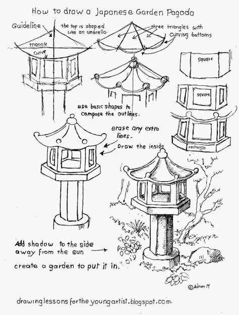 How to draw a garden pagoda worksheet. See more at my blogger: http://drawinglessonsfortheyoungartist.blogspot.com/ How To Draw Japanese, Japanese House Sketch, Gothic Architecture Drawing Easy, Japanese House Drawing, Japanese Architecture Drawings, Garden Pagoda, Artist Garden, Japanese Pagoda, Art Worksheets