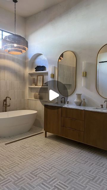 El Peterson on Instagram: "Sharing Part 1 Reveal of my Primary Bathroom! Can you believe this is the same bathroom? Guess where I found the beautiful Vanity, Bathtub, Tile, Alabaster Wall sconces and Hardware from? It's all from @wayfair My go to place for most of my renovation/ home needs. #wayfairpartner. Not going to lie, this bathroom really tested my design skills you guys 🤭😅

***Comment SHOP below to receive a DM with the link to shop this post on my LTK ⬇ https://liketk.it/4PPJD

Head to stories to see a close up! 

OTHER WAYS TO SHOP:
-SHOP MY LTK by clicking link in bio or downloading the @shop.ltk app #ltkfind #ltkhome #ltk #liketkit #wayfair 
 #ltkfindsunder50 #ltkhome #ltkfindsunder100 #bathroominspiration #bathroominspo #bathroomremodel" 3 Vanity Lights Bathroom, Bathroom With Hanging Lights, How High To Hang Vanity Lights, Master Bathrooms 2022 Wall Light Fixtures, Penant Lights Over Bathrub, Bathroom Remodel Remove Garden Tub, Kitchen Island Panels, Kohler Highbridge Tub, Beautiful Vanity