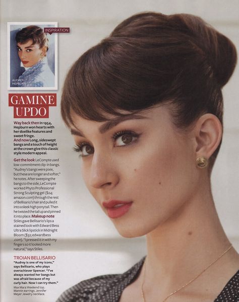 Audrey Hepburn Bangs, Audrey Hepburn Hair, Vintage Updo, Troian Bellisario, Sleek Updo, Short Bangs, Fancy Hairstyles, Hair Envy, Grunge Hair