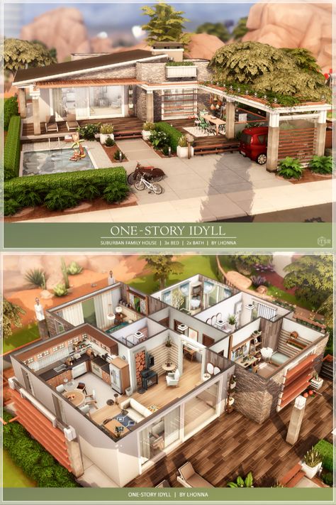 One-story Idyll by Lhonna Sims 4 Family House, Sims 2 House, Sims 4 Houses Layout, The Sims 4 Lots, Sims Freeplay Houses, Sims 4 Family, Bloxburg House Ideas 2 Floor, Sims 4 House Plans, Sims 4 House Building