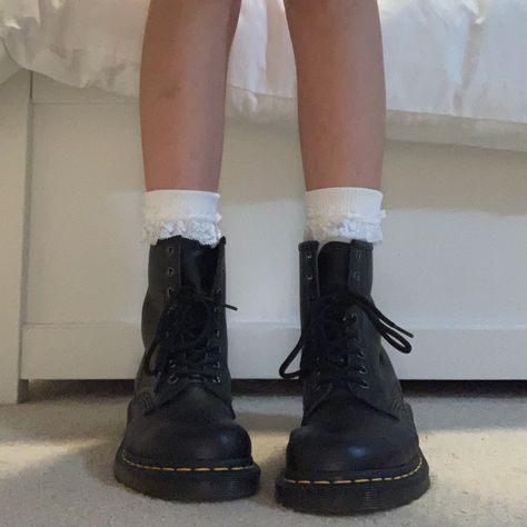 Doc Marten Boots Aesthetic, Docs With Ruffle Socks, Docs And Socks, Lace Socks Aesthetic, Docs With Socks, K12 Outfit, Lily Rose Depp Paris, Lana Del Rey Shoes, Lace Doc Martens