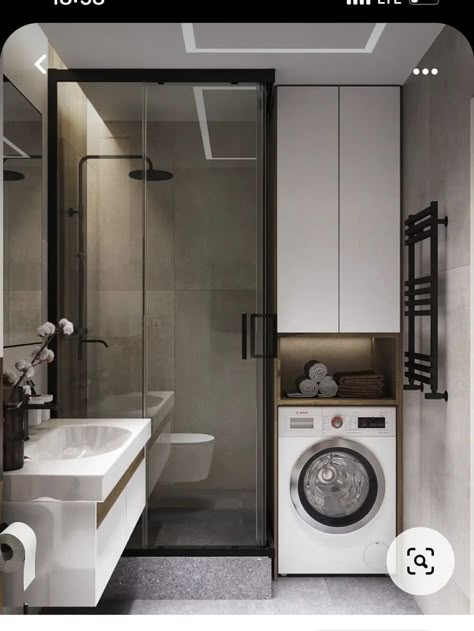 Small Bathroom Ideas With Shower And Washing Machine, Bathroom Ideas With Washmachine, Mala Kupatila Ideje, Bathroom Design With Washing Machine, Small Bathroom With Washer, Washing Machine In Bathroom, Small Bathroom With Laundry, Laundry In Kitchen, Laundry Bathroom Combo