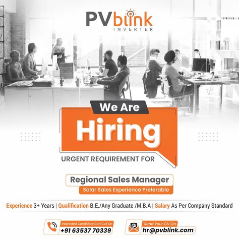 Are you ready to take your solar sales career to the next level? We're hiring an experienced executive who is passionate about renewable energy and driving sales growth. submit your resume to: hr@pvblink.com Toll Free no : 1800 890 4033 / 9875087245 Visit us : www.pvblink.com #hiring #hiringnow #jobrole #newjob #opportunity #marketing #sales #workfromoffice #joinourteam #wearehiring #team #resume #vacancy #jobopportunity #jobsearching Sales Executive Hiring Poster, We're Hiring Poster Design, Vacancy Poster Design, We Are Hiring Poster, Sales Career, Hiring Poster, Happy Independence Day India, Sales Girl, Adobe Illustrator Graphic Design