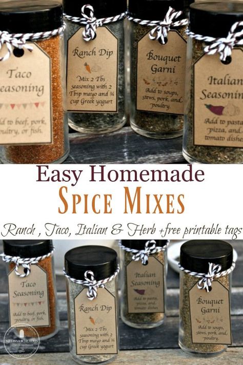 Homemade seasonings make the perfect gifts for housewarming, a hostess gift, or a handmade special touch during the holidays. This DIY spice mix guide is complete with recipes and free printable tags! #seasonings #spicemix #diygift Homemade Spice Mixes, Diy Spice Mix, Herb Blends, Homemade Dry Mixes, Gifts For Housewarming, Taco Mix, Homemade Spice Mix, Spice Blends Recipes, Homemade Pantry