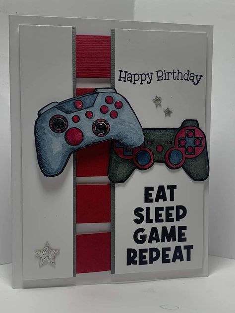 Diy Birthday Cards For Gamers, Stampin Up Video Game Card, Gamer Birthday Cards Handmade, Cricut Cards For Men, Playstation Card Ideas, Birthday Card Ideas For Gamers, Birthday Card For Gamer, Gaming Birthday Cards, Gamer Card Ideas