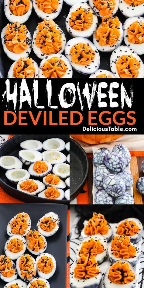 Halloween Deviled Eggs are spooky party appetizers with dark black crackled egg shells filled with bright orange filling. Add some black sprinkles of sesame seeds and pair with some Halloween cocktails or drinks at your Halloween party. Halloween Snacks Deviled Eggs, Halloween Food Ideas Deviled Eggs, Halloween Party Food Deviled Eggs, Eye Deviled Eggs, Halloween Deviled Eggs Spider, Halloween Deviled Eggs Recipe, Spooky Deviled Egg Spiders, Spooky Spider Deviled Eggs, Spiderweb Hard Boiled Eggs