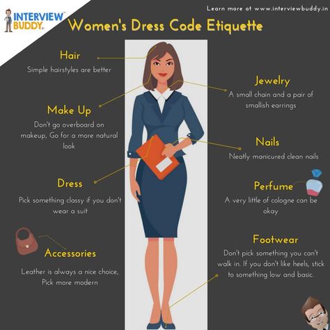 This picture contains a detailed description about the way we should wear to an interview, from the hair style to footwear recommendation. Dress Etiquette, Dress Code Guide, Interview Hairstyles, Business Dress Code, Party Dress Codes, Model Tips, Job Interview Outfit, Interview Dress, Interview Attire