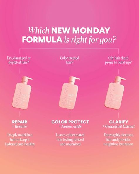 MONDAY Haircare on Instagram: "We get a lot of questions from people wondering which of our 3 new formulas is right for their hair type. Wonder no more! We made you this handy table. Hit save and let us know which you land on in the comments!💡" Shampoo For Dyed Hair, Monday Shampoo, Monday Haircare, Hair Cleanse, Oily Hair, Keratin, Amino Acids, Glow Up?, No More