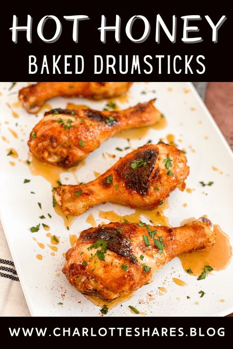 Chicken drumsticks are coated in a bold dry rub then brushed with a homemade hot honey before baking until crispy. Delicious, easy dinner idea! Hot Honey Dishes, Hot Honey Drumsticks, Hot Honey Chicken Drumsticks, Chicken Drumstick Recipes Oven, Drumstick Recipes Oven, Homemade Hot Honey, Stuff Chicken, Baked Drumsticks, Honey Baked Chicken