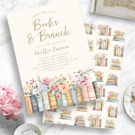 $2.04 | Books and Brunch Bridal Shower - watercolor, bridal shower, books and brunch, library, wildflower florals, rustic boho chic, blue pink gold, stacks of books, literary, bibliophile Bookworm Bridal Shower Theme, Book Themed Hen Party, Book Lover Bachelorette Party, A New Chapter Bridal Shower Theme, Next Chapter Bridal Shower Theme, Bridal Shower Party Themes, Pride And Prejudice Bridal Shower Theme, Bridal Shower Book Theme, Book Bachelorette Party