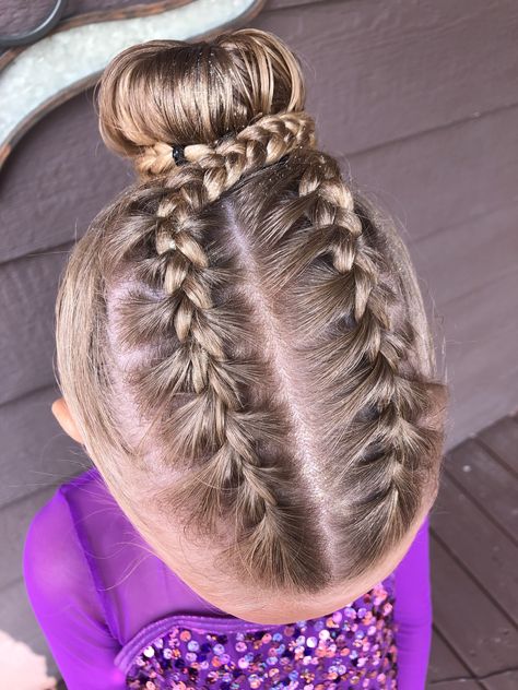 Makaylee recital hair 2019 Dance Competition Hair Bun, Competition Gymnastics Hair, Cute Gymnastics Hairstyles For Meets, Girls Recital Hair, Gymnastics Competition Hair Bun, Gymnastics Meet Hair Buns, Ballet Recital Hair, Recital Hairstyles For Kids, Tumbling Hairstyles For Kids