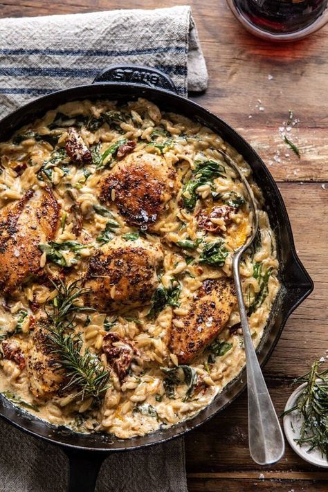 One Skillet Creamy Sun-Dried Tomato Chicken and Orzo | halfbakedharvest.com #skilletdinner #chicken #orzo Chicken Thigh Sun Dried Tomatoes Recipes, Chicken Orzo Dutch Oven, Tuscan Orzo Chicken Bake, Chicken And Chorizo Orzo, Chicken Marsala Orzo, One Pan Chicken Orzo, Marry Me Orzo Chicken, Marry Me Chicken And Orzo, Marry Me Chicken Orzo