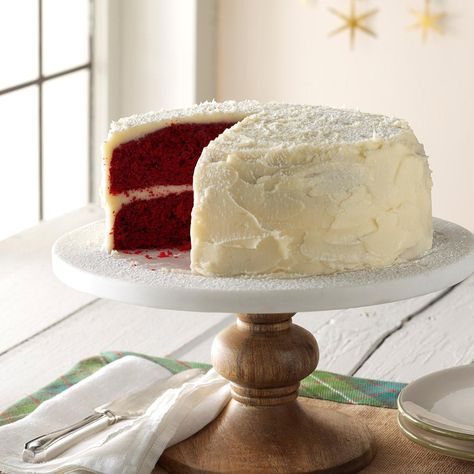 Grandma's Red Velvet Cake Recipe -In our family no one thinks it’s Christmas without the Red Velvet Cake. I baked the first one for Christmas in 1963 when I found the recipe in the newspaper and my Mother kept the tradition going into the ’80s. It’s different than other Red Velvet Cakes I’ve tasted over the years, since this one tastes only mildly chocolate and the icing is as light as snow. —Kathryn H. Davison, Charlotte, North Carolina Best Red Velvet Cake, Velvet Cake Recipes, Red Velvet Cake Recipe, Potluck Desserts, Baking Cocoa, Monkey Bread, Fish Cake, Pound Cake Recipes, Moist Cakes