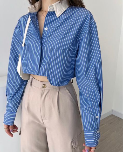 Button Down Polo Crop Top Outfit, Oversized Collared Shirt Outfits, Cropped Polo Shirt Outfit, Crop Polo Outfit, Crop Shirt Outfits, Polo Crop Top Outfit, Cropped Shirt Outfit, Men Shirt For Women, Comfy Trendy Outfits